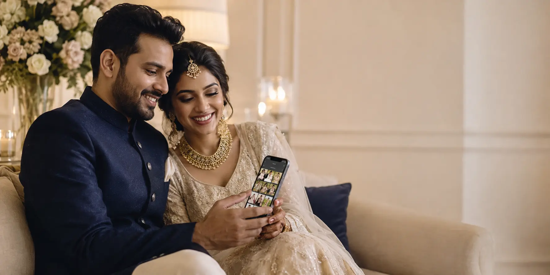 A wedding couple viewing their photography gallery together on a phone
