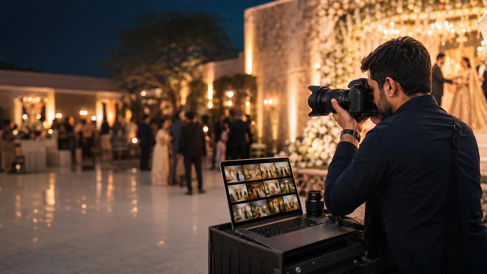 A photographer and laptop demonstrating a camera-to-gallery delivery workflow